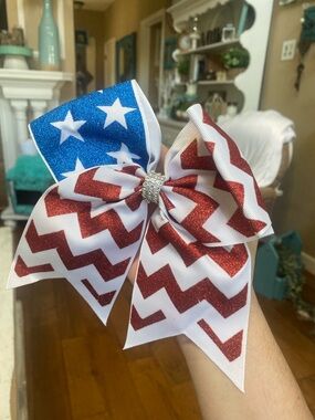 Patriotic Red and Blue Chevron Star Hair Bow - cheer bow